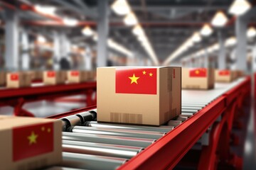 3d rendering of cardboard boxes on conveyor belt in factory, Cardboard boxes with a red Chinese flag on the roller conveyor, AI Generated