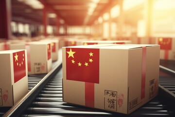 China flag on cardboard box on conveyor belt in warehouse. 3D Render, Cardboard boxes with the text Made in China and the Chinese flag on the roller conveyor, AI Generated