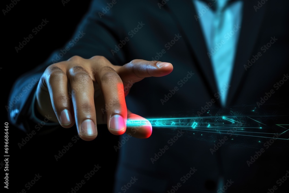 Poster businessman touching interactive touchscreen with glowing arrows on dark background 3d rendering, bu