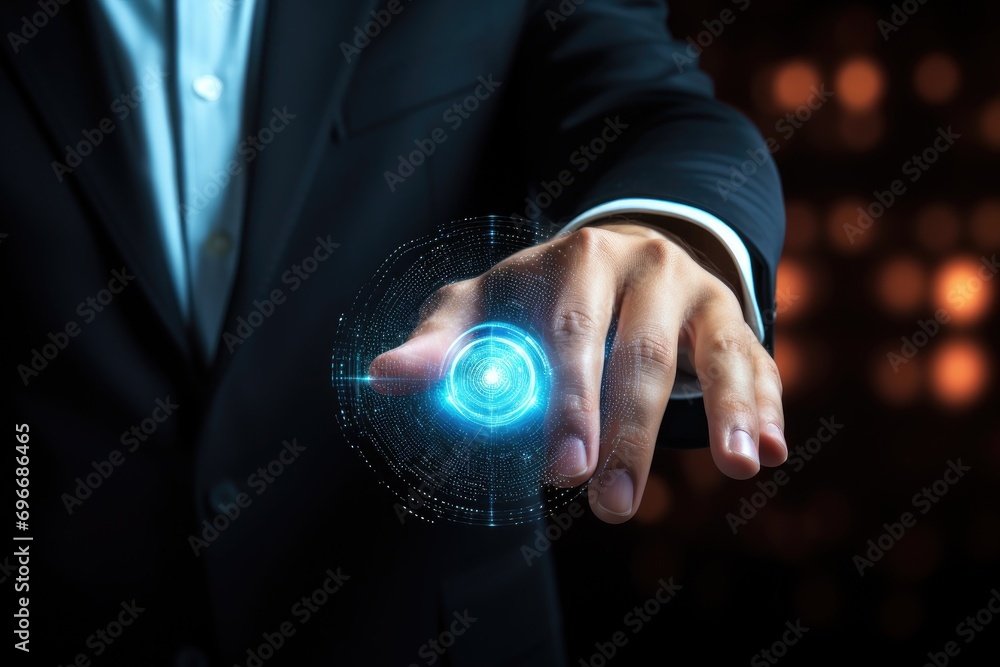 Poster businessman on blurred background using digital contact icon hologram 3d rendering, businessman pres