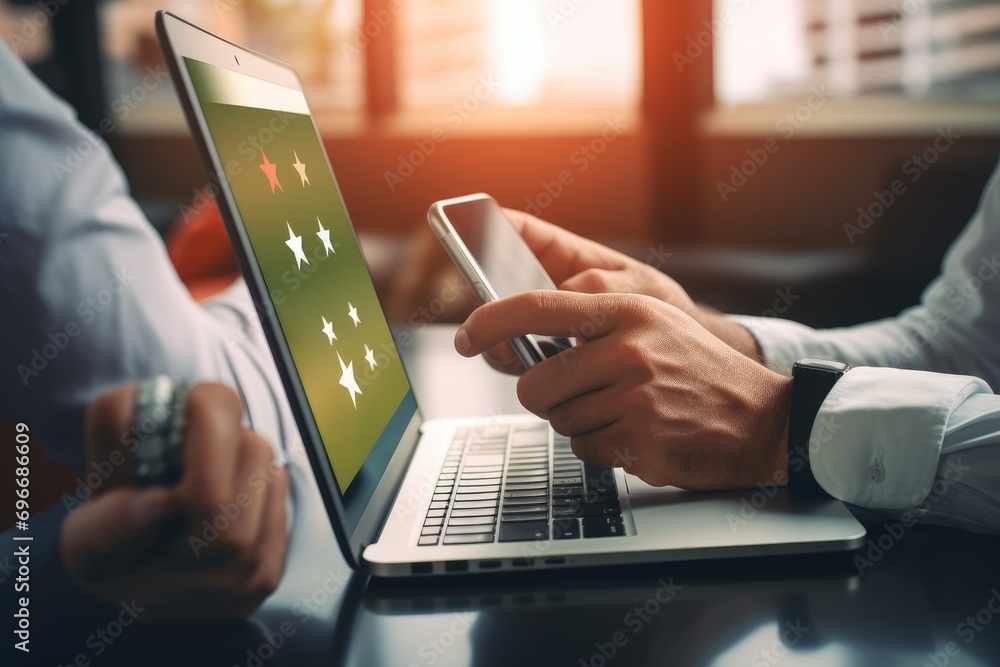 Poster businessman using mobile phone and laptop computer with stock market graph on screen, businessman's 