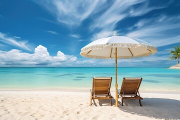 Parasol and chairs on beautiful beach at Seychelles, Chairs and umbrella in a tropical beach - Seascape Banner, AI Generated