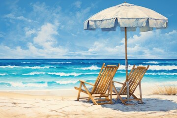 Beach chair and umbrella on the sandy beach. 3d rendering, Chairs and umbrella in a tropical beach - Seascape Banner, AI Generated