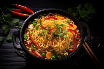 Chinese noodles with vegetables and greens in a pan on a black background, Chinese noodle soup with vegetables on a black wooden background, top view, AI Generated