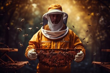 Beekeeper in protective suit holding a honeycomb full of bees, Beekeeper with protection suit and helmet holding honeycomb with bees, AI Generated - obrazy, fototapety, plakaty