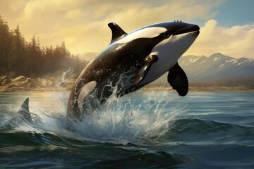 Orca killer whale jumping out of the water. 3D rendering, Big orca whale jumping out of the sea, AI Generated