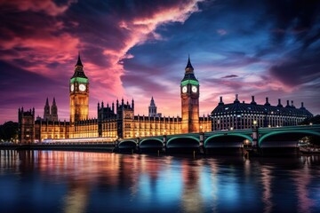 Big Ben and Westminster Bridge at dusk, London, England, UK, Big Ben and the Houses of Parliament at night in London, UK, AI Generated