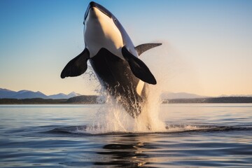 Naklejka premium Killer whale jumping out of the water on a sunny day, Big orca whale jumping out of the sea, AI Generated
