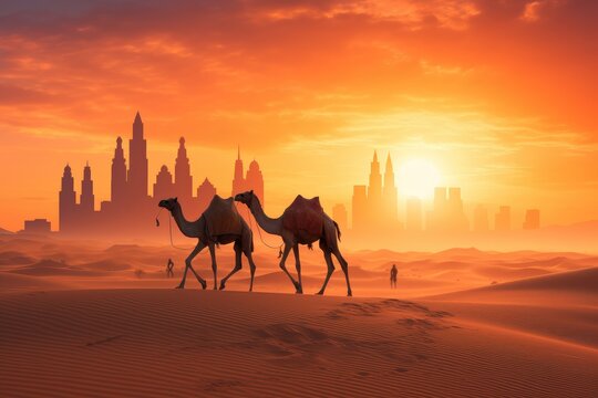 Camel caravan in the desert at sunset, 3d render illustration, Camel caravan on sand dunes in the Arabian desert with the Dubai skyline at sunset, AI Generated