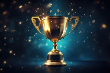 Golden trophy cup on a blue background with stars and bokeh, Champion golden trophy with gold stars...