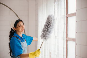 Occupation in action, Asian woman dusts window blinds holding duster. Her smile shows happiness in...