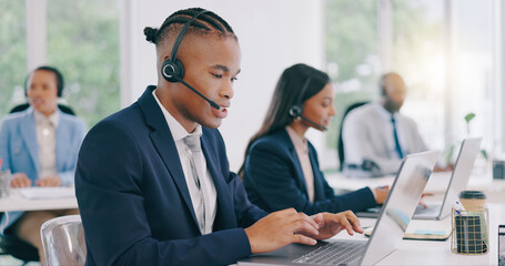 Business people, telemarketing and call center with laptop, black man and customer service. Staff,...