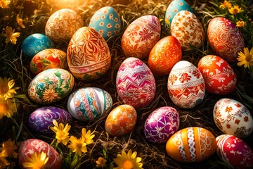 Fototapeta na wymiar Vibrant Easter eggs nestled in a blooming spring garden, sunlight casting a warm glow on their intricate patterns