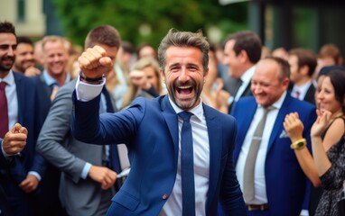 A cheering man participating in the company's annual celebration - obrazy, fototapety, plakaty