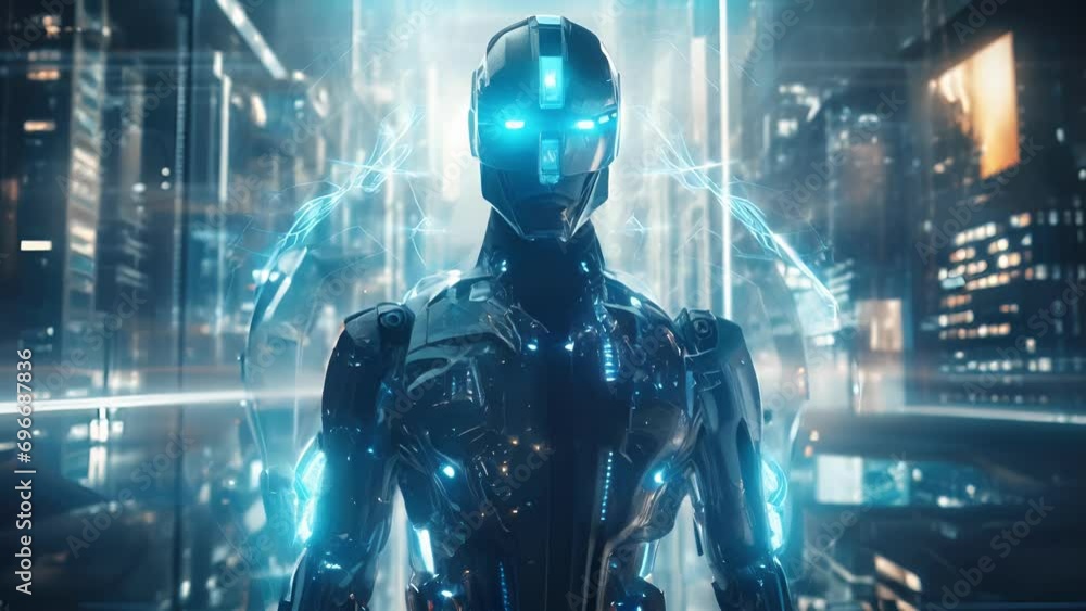 Poster a person in a cybernetic suit standing in a virtual space with holograms and light streaming through