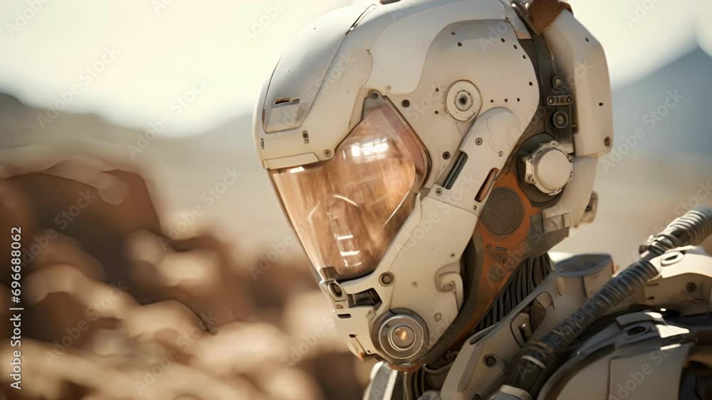 Poster an upclose view of a crispredited humanoid robot, designed to withstand the extreme conditions of sp