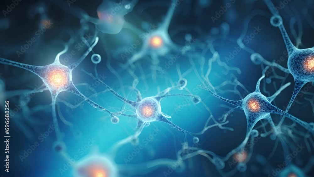 Poster a microscope view of brain cells, with one cell showing signs of exhaustion and shrinking while surr
