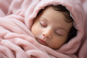 A baby sleeps wrapped in a pink ruffled blanket - obrazy, fototapety, plakaty