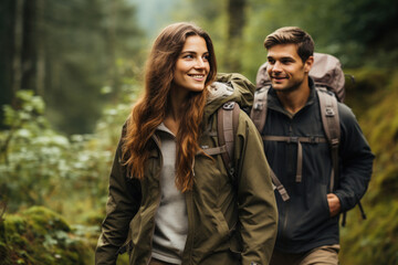 Adventurous young couple with backpacks exploring in spring
