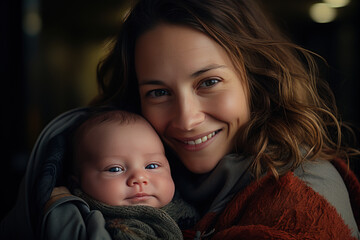 Bright image of a happy mother holding a sleeping baby in her hands