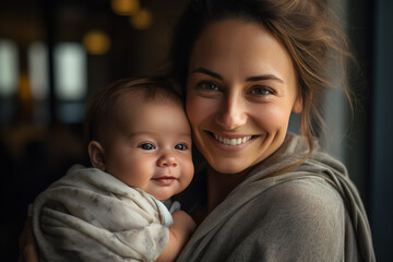 Bright image of a happy mother holding a sleeping baby in her hands