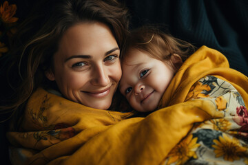 Bright image of a happy mother holding a sleeping baby in her hands