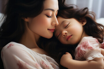 A beautiful young Mother kissing a healthy baby sleeping in bed - obrazy, fototapety, plakaty