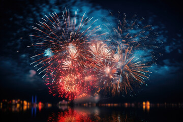 Firework explosion in the night sky celebrating happy new year 2024