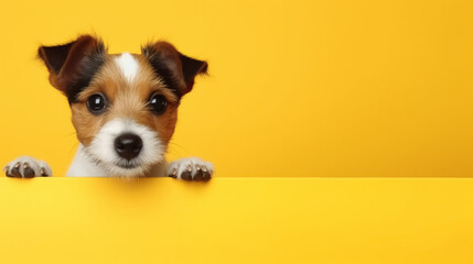 Cute Jack Russell Terrier puppy peeking from behind a yellow wall. Place for text. Mockup. Veterinary medicine. Generative AI