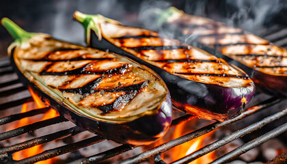 Close-up shot of grilled eggplant sizzling on the grill