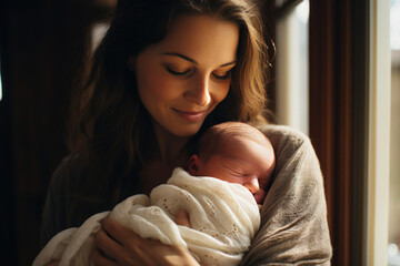 New loving mom carying of her sleeping newborn baby at home - obrazy, fototapety, plakaty