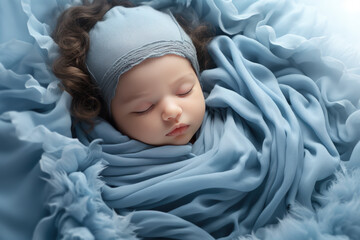 Newborn Baby sleeping over Fluffy Blue Blanket. Cute New Born Kid relax. - obrazy, fototapety, plakaty