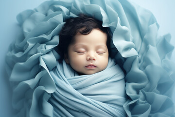 Newborn Baby sleeping over Fluffy Blue Blanket. Cute New Born Kid relax. - obrazy, fototapety, plakaty