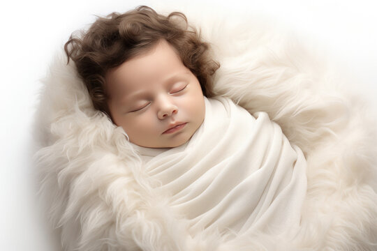 Newborn Baby sleeping over Fluffy Cream Blanket. Cute New Born Kid relax.