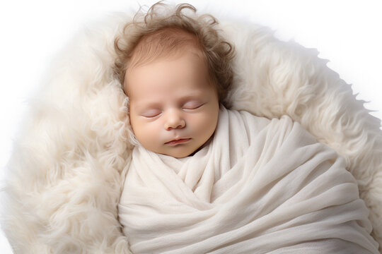 Newborn Baby sleeping over Fluffy Cream Blanket. Cute New Born Kid relax.