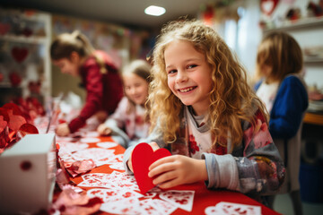 Fototapeta premium School kids happy making DIY Valentine's cards in classroom look at camera