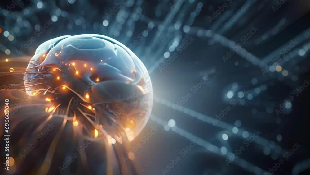 Poster a human brain made up of intricate circuitry and wires, challenging the boundaries between artificia