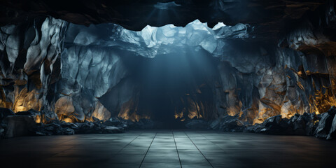 Fantasy cave entrance. Big empty cave with light from top for product display, showroom.