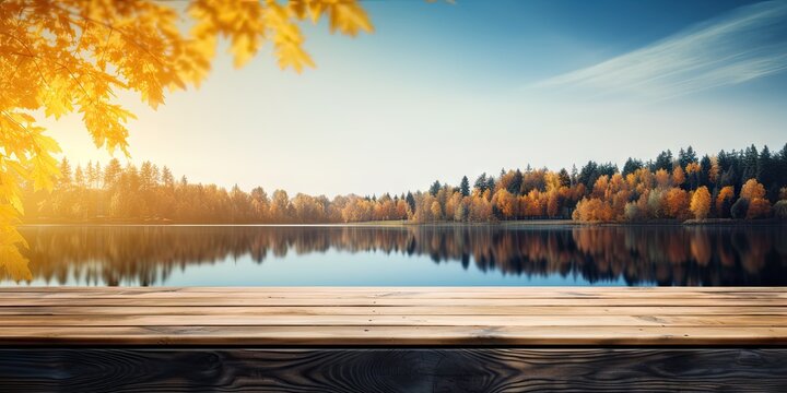 Wooden table with waterside retreat. Immerse in breathtaking beauty of nature serene lakeside haven. Sun sets or rises warm rays paint sky with spectrum of colors casting golden glow over landscape