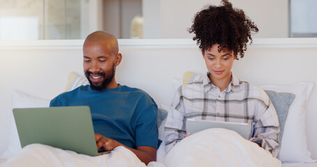 Home, bed and black couple with a laptop, technology and smile with love, internet and streaming a...