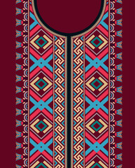 A colorful neck embroidered design in a retro style with Greek Fret patterns, geometric shapes, and Egyptian lotus. Suitable for kaftan dress, kurta, kurti, robe, tunic, blouse, and U-neck shirt.