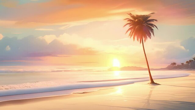 A simple depiction of a serene beach scene, with a lone palm tree and a golden sunset in the background.