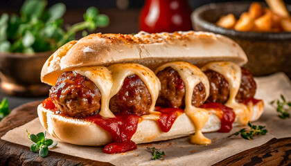 close-up shot of meatball sub sandwich with melted cheese and marinara tomato sauce - obrazy, fototapety, plakaty