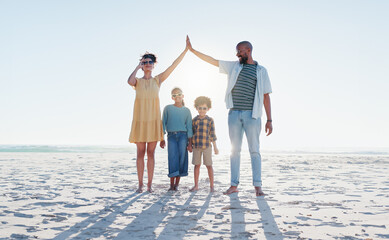 Insurance, hands and a family on the beach for protection, security or travel together. Sunglasses,...