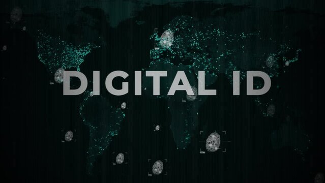Digital ID Text With Glitch Effect Over The Map And Fingerprints
