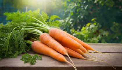 Fresh organic carrots with green leaves on wooden background. Vegetables.