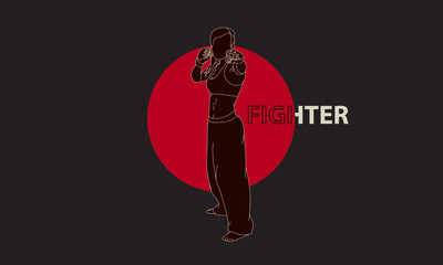 Silhouette of a fighter girl on a dark background. Logo. The emblem.