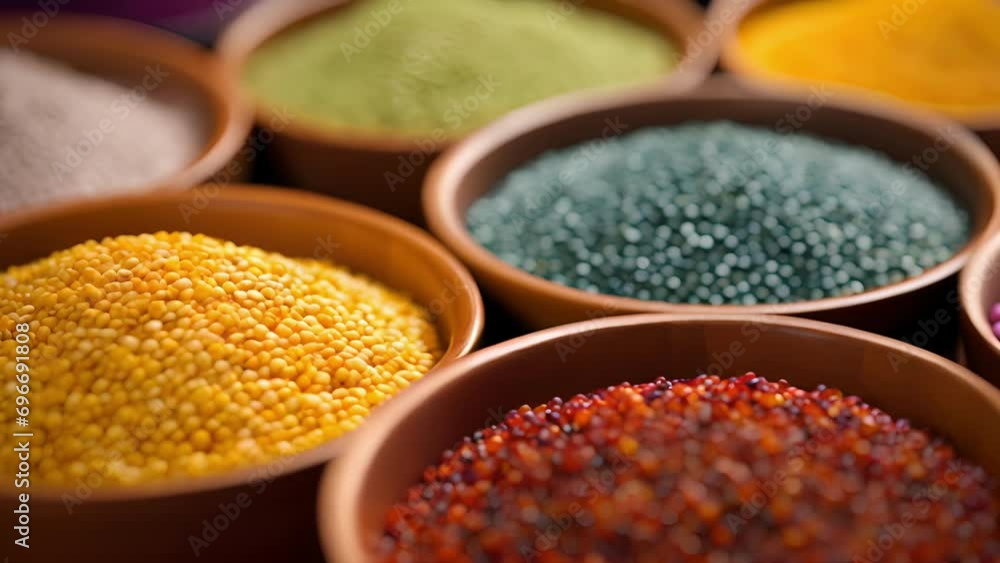 Poster a closeup of a bowl of colorful quinoa, with each tiny grain showing its unique texture and nutrient