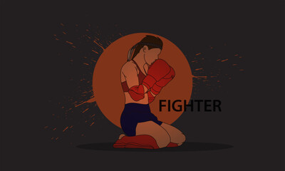 Fighter girl on a dark abstract background. Thai oriental boxing. Logo, Emblem.