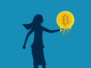 Digital coins have lost their value. woman holds melting bitcoin coins. vector illustration